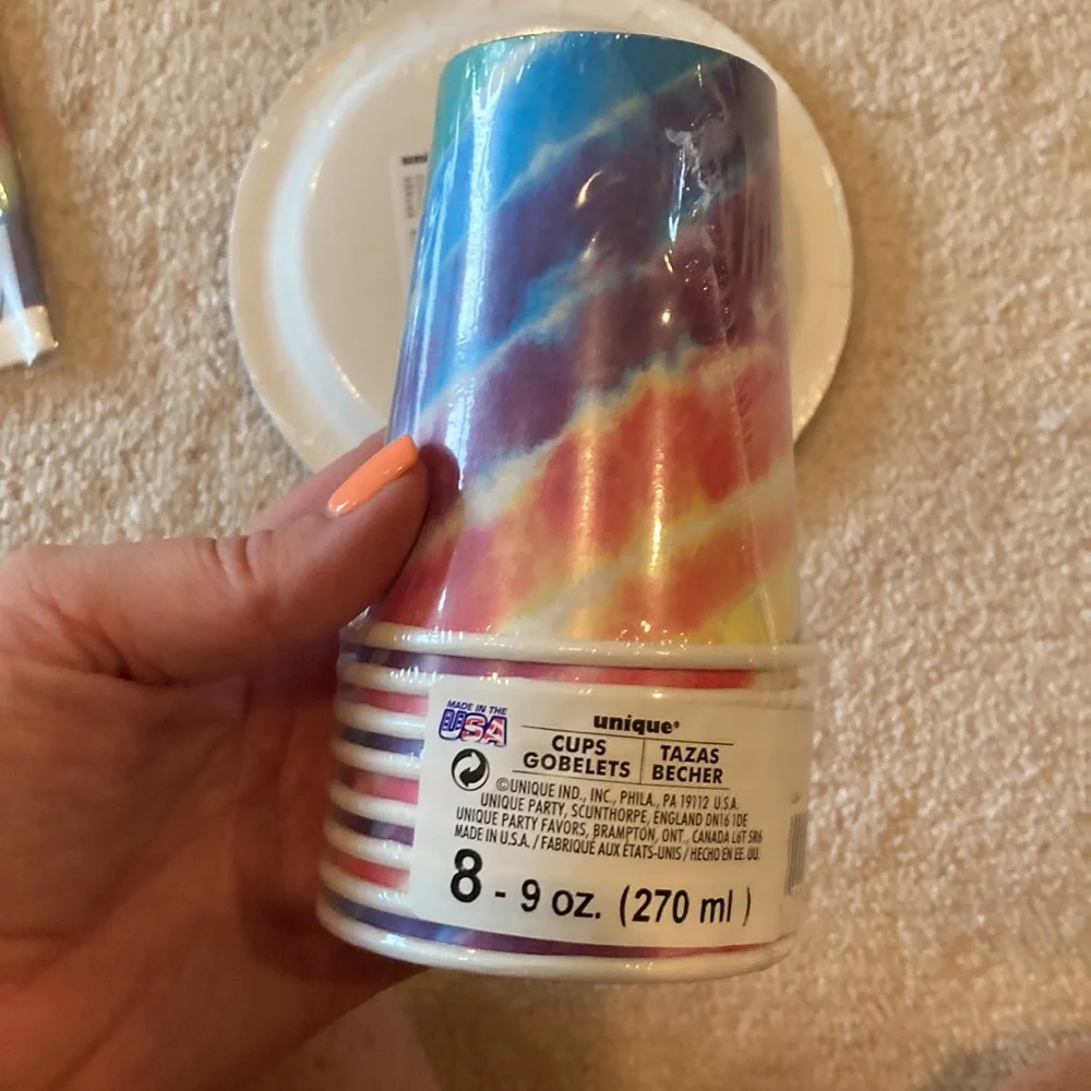 Unique disposable rainbow paper plates, tablecloth, cups, & napkins, multicolor
